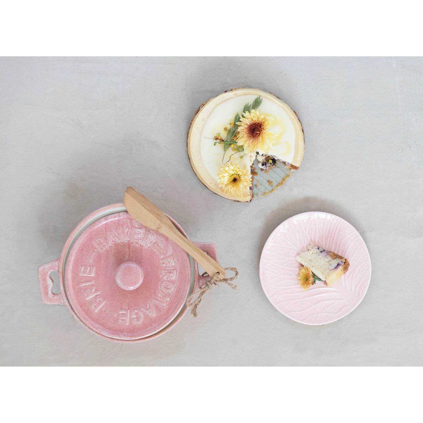 Pink Stoneware Brie Baker with Bamboo Spreader