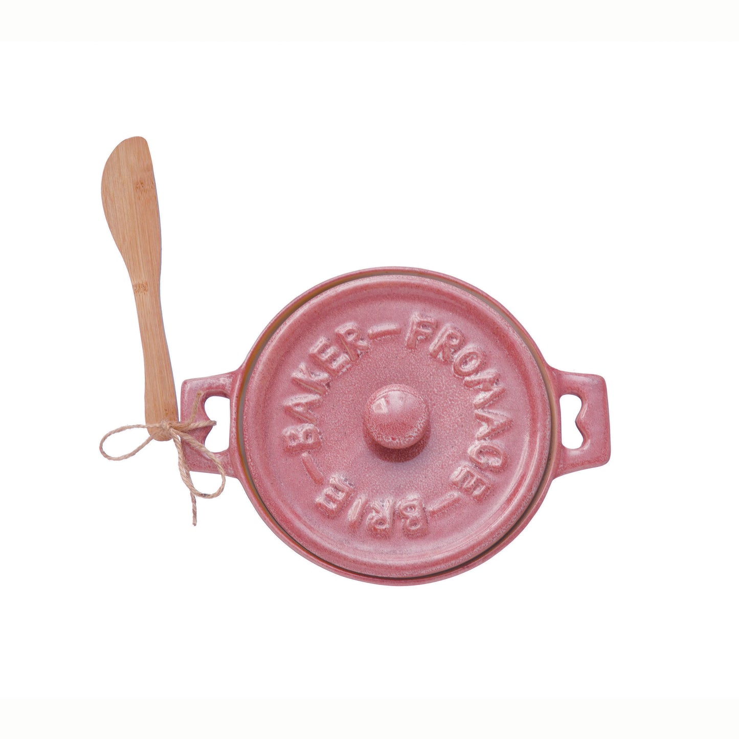 Pink Stoneware Brie Baker with Bamboo Spreader