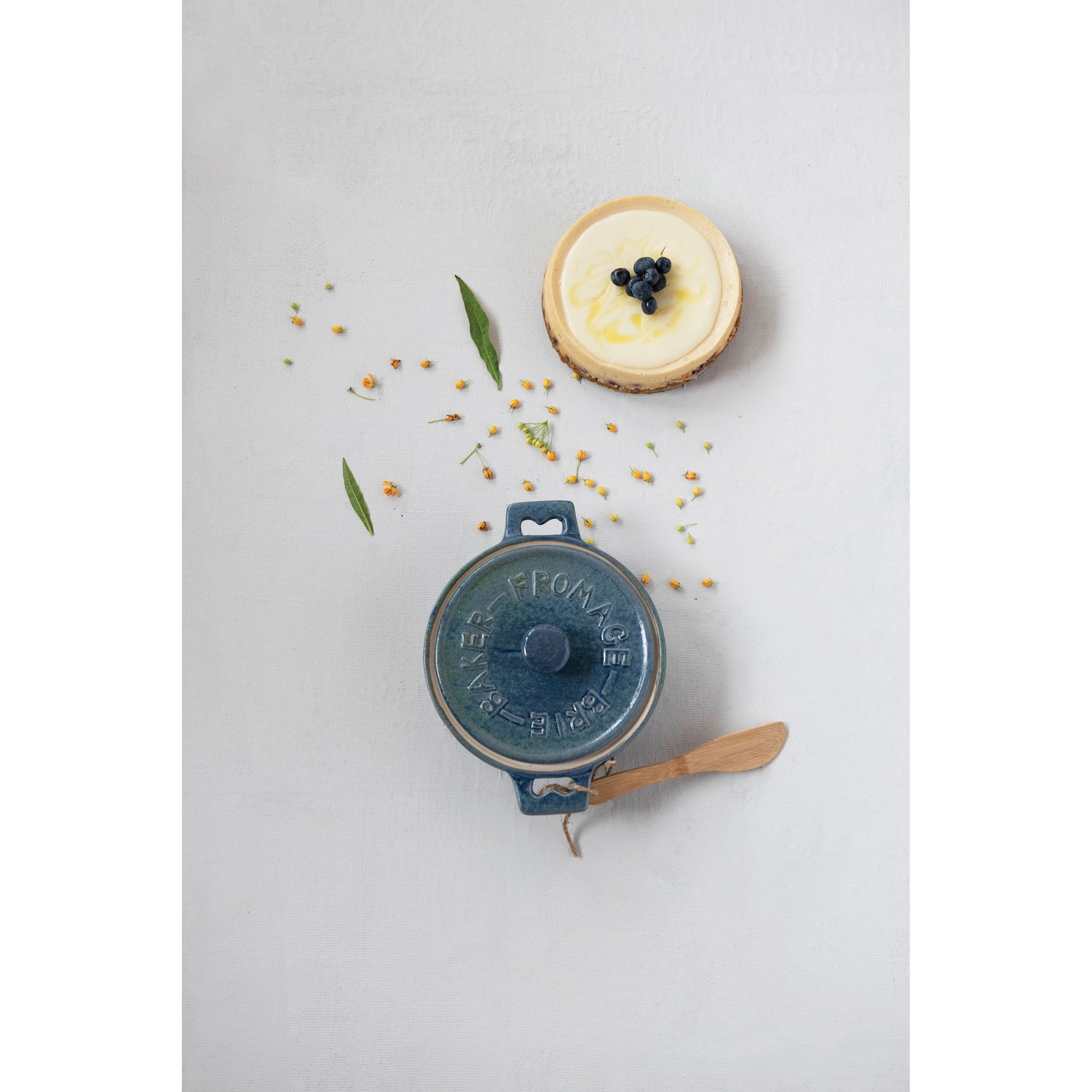 Blue Stoneware Brie Baker with Bamboo Spreader Oven Mitts & Pot Holders Browns Kitchen