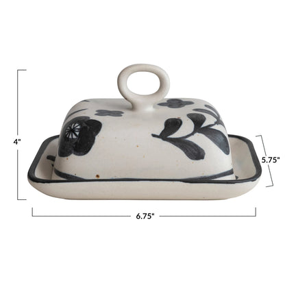 Hand-Painted Stoneware Butter Dish w/ Floral Design, Matte Black & Cream Color Speckled Oven Mitts & Pot Holders Browns Kitchen