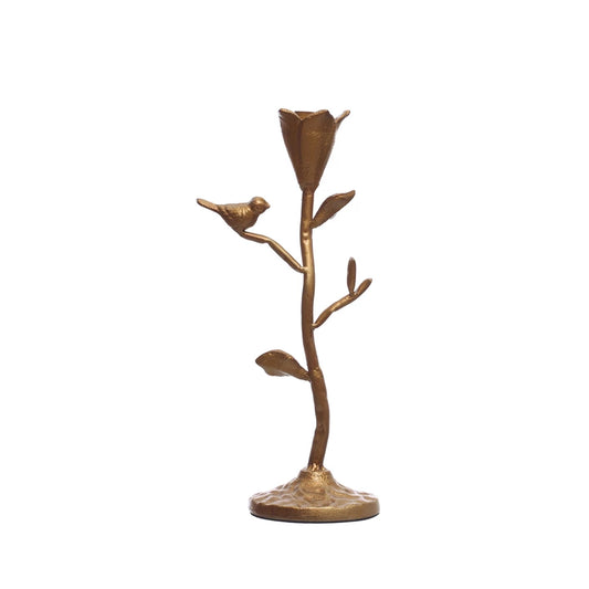 Flower + Bird Cast Iron Bronze Taper Candle Holder