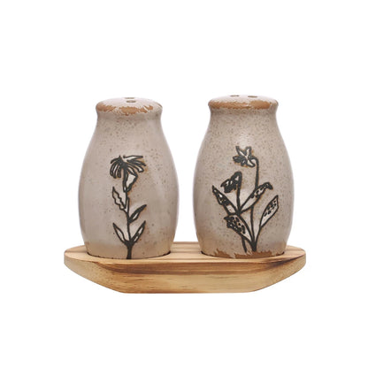 Floral Stoneware Salt & Pepper Shakers w/ Tray