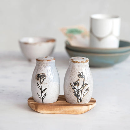 Floral Stoneware Salt & Pepper Shakers w/ Tray