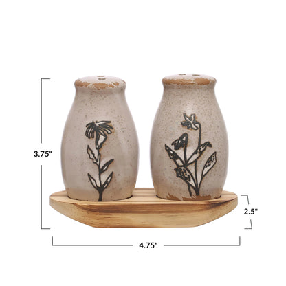 Floral Stoneware Salt & Pepper Shakers w/ Tray