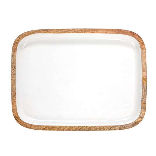 Enameled Mango Wood Tray, White & Natural Candles Browns Kitchen