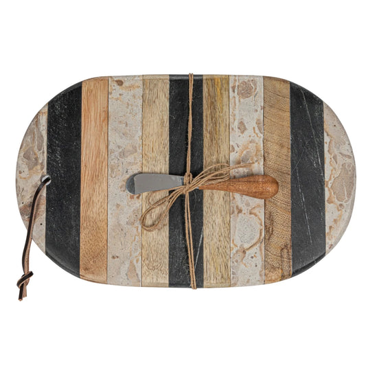 Marble & Mango Wood Cheese/Cutting Board w/ Leather Tie & Canape Knife Serveware Browns Kitchen