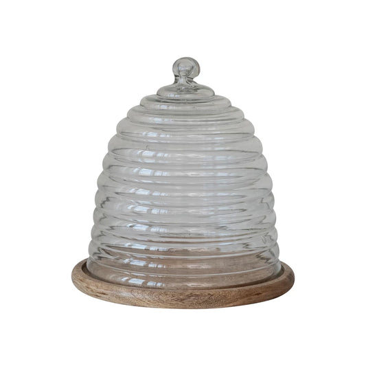 Recycled Glass Beehive Shaped Cloche w/ Mango Wood Base Butter Dish Browns Kitchen