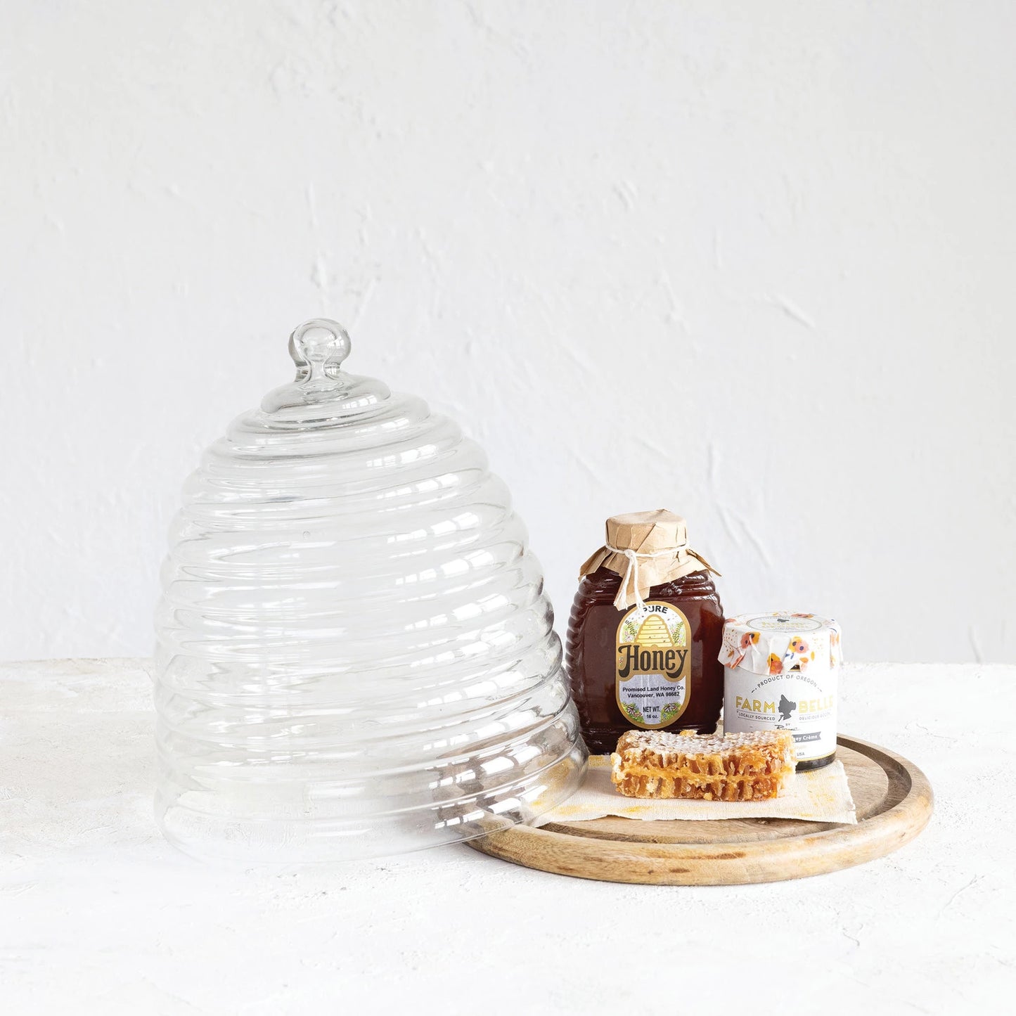 Recycled Glass Beehive Shaped Cloche w/ Mango Wood Base Butter Dish Browns Kitchen