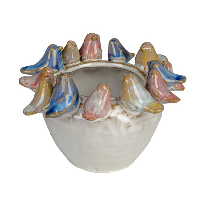 Stoneware Planter with Birds on Rim, 5"x3.25"