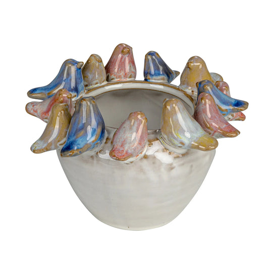 Stoneware Planter with Birds on Rim, 5"x3.25"