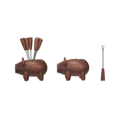 Sapele Wood Pig Shaped Holder w/ 6 Appetizer Forks, Set of 7