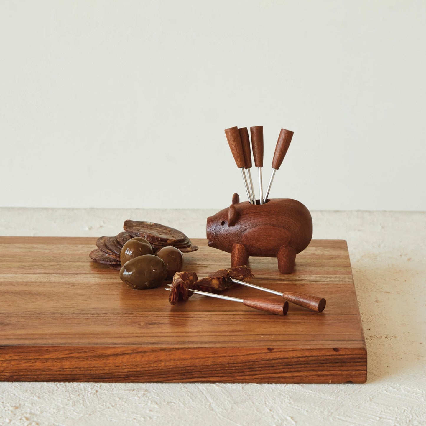 Sapele Wood Pig Shaped Holder w/ 6 Appetizer Forks, Set of 7