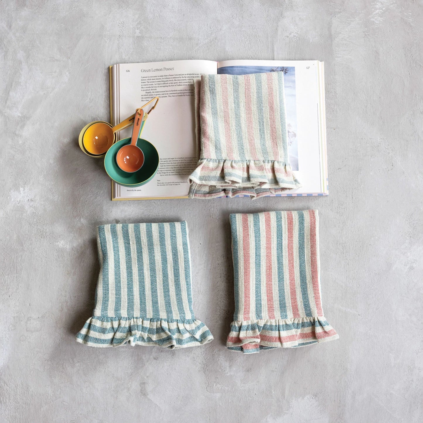 Bistro Striped Woven Cotton Tea Towel w/ Stripes & Ruffle