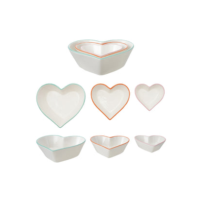 Stoneware Heart Shaped Bowls with Colored Rims, White, Set of 3