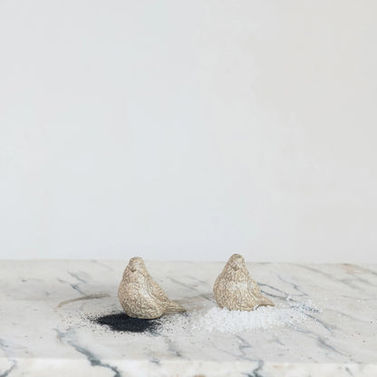 Stoneware Bird Shaped Salt + Pepper Shakers