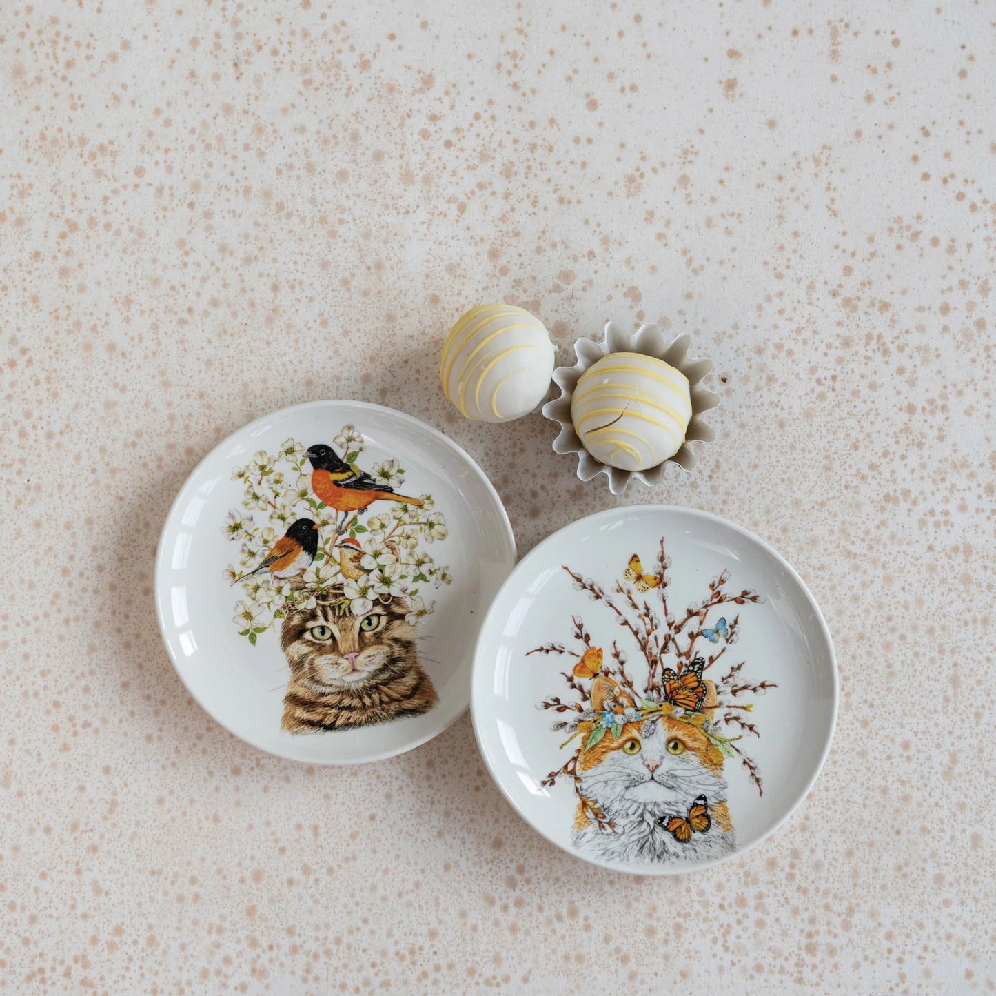 Cat & Flora/Fauna Stoneware Plate, 2 Styles