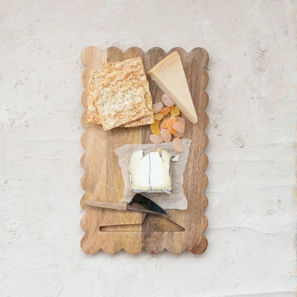 Scalloped Mango Wood Cheese Serving Board with Cheese Knife