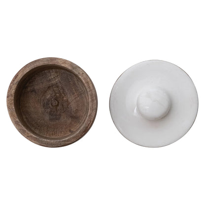 Mango Wood Pinch Pot w/ Enameled Lid, Natural & White