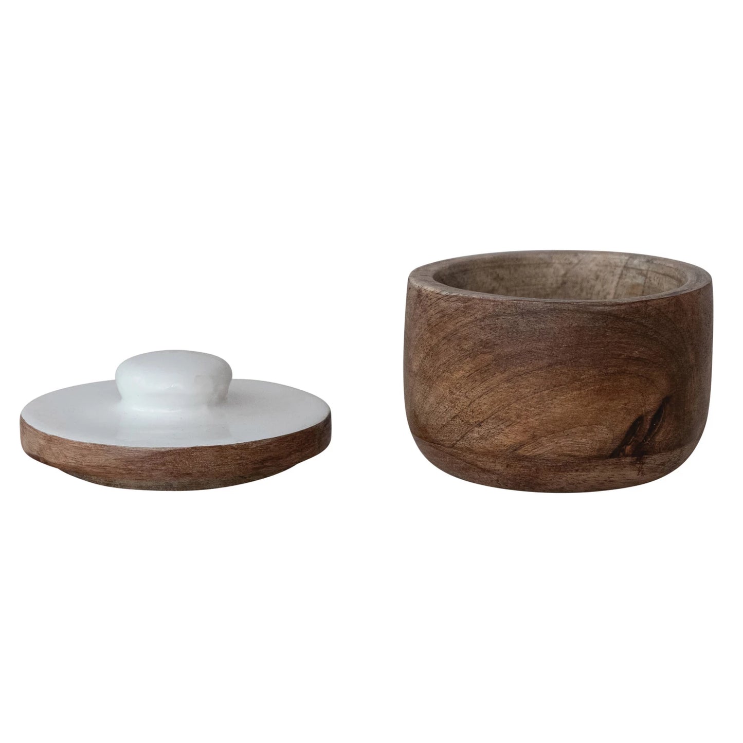 Mango Wood Pinch Pot w/ Enameled Lid, Natural & White
