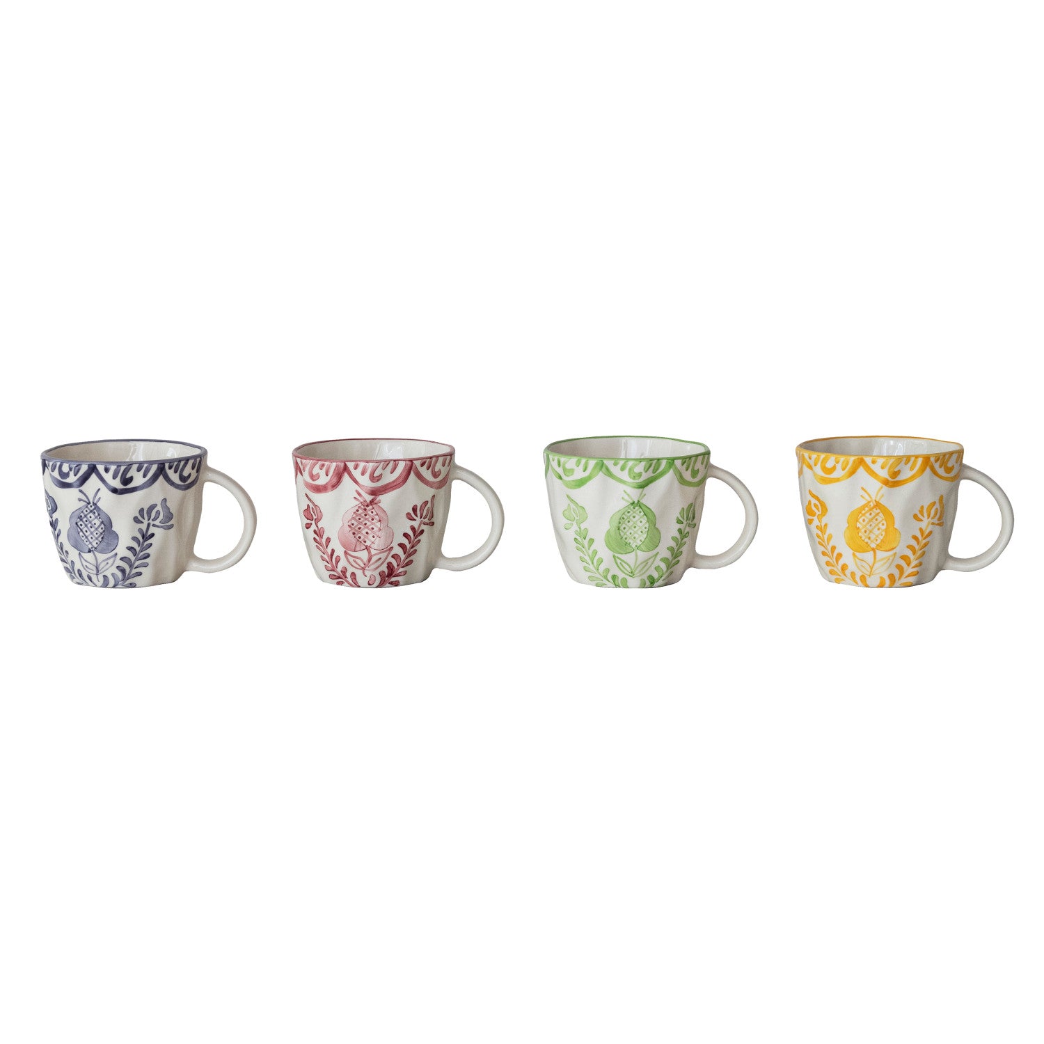 12 oz. Hand-Painted Stoneware Organic Shaped Mug with Botanical Design, 4 Colors
