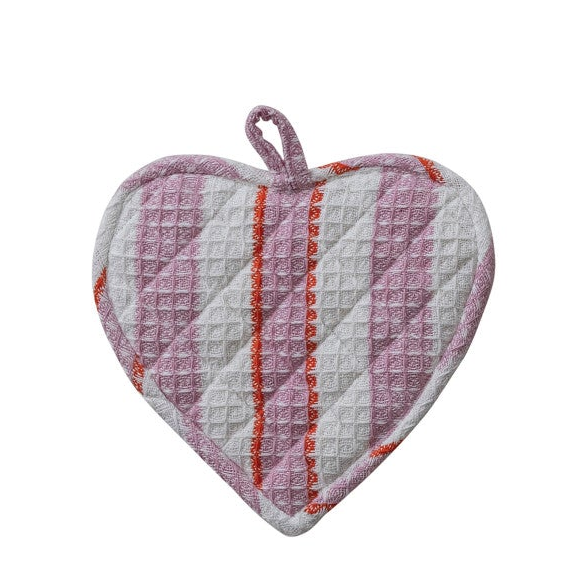 Heart Shaped Cotton Quilted Waffle Weave Pot Holder with Stripes, 3 Styles