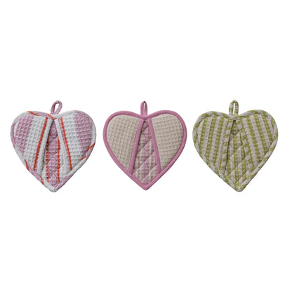 Heart Shaped Cotton Quilted Waffle Weave Pot Holder with Stripes, 3 Styles
