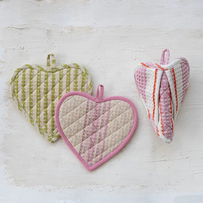 Heart Shaped Cotton Quilted Waffle Weave Pot Holder with Stripes, 3 Styles