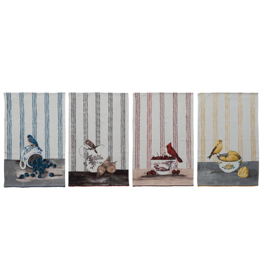 Cotton Waffle Weave Tea Towel with Bird on Dish & Pom Pom Trim, 4 Styles ©