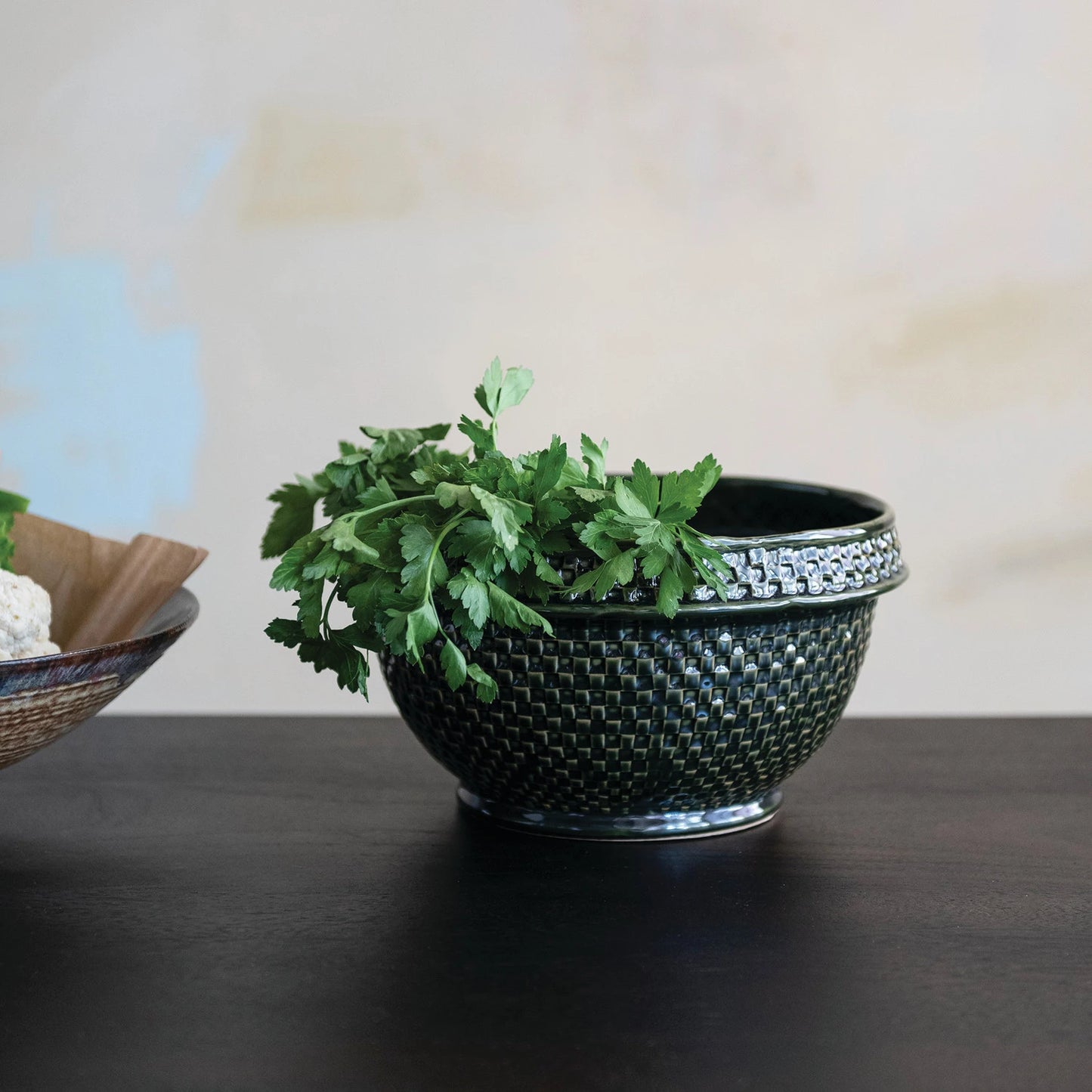 Basket Weave Green Glaze Stoneware Bowl