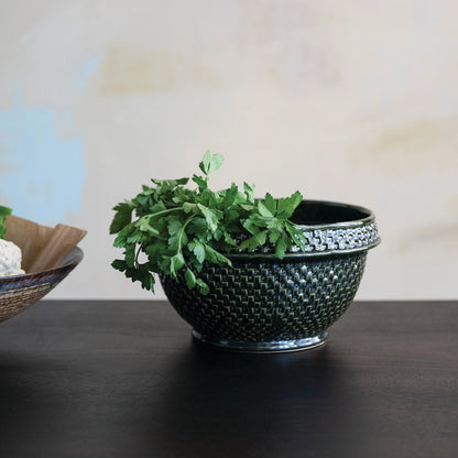 Basket Weave Green Glaze Stoneware Bowl