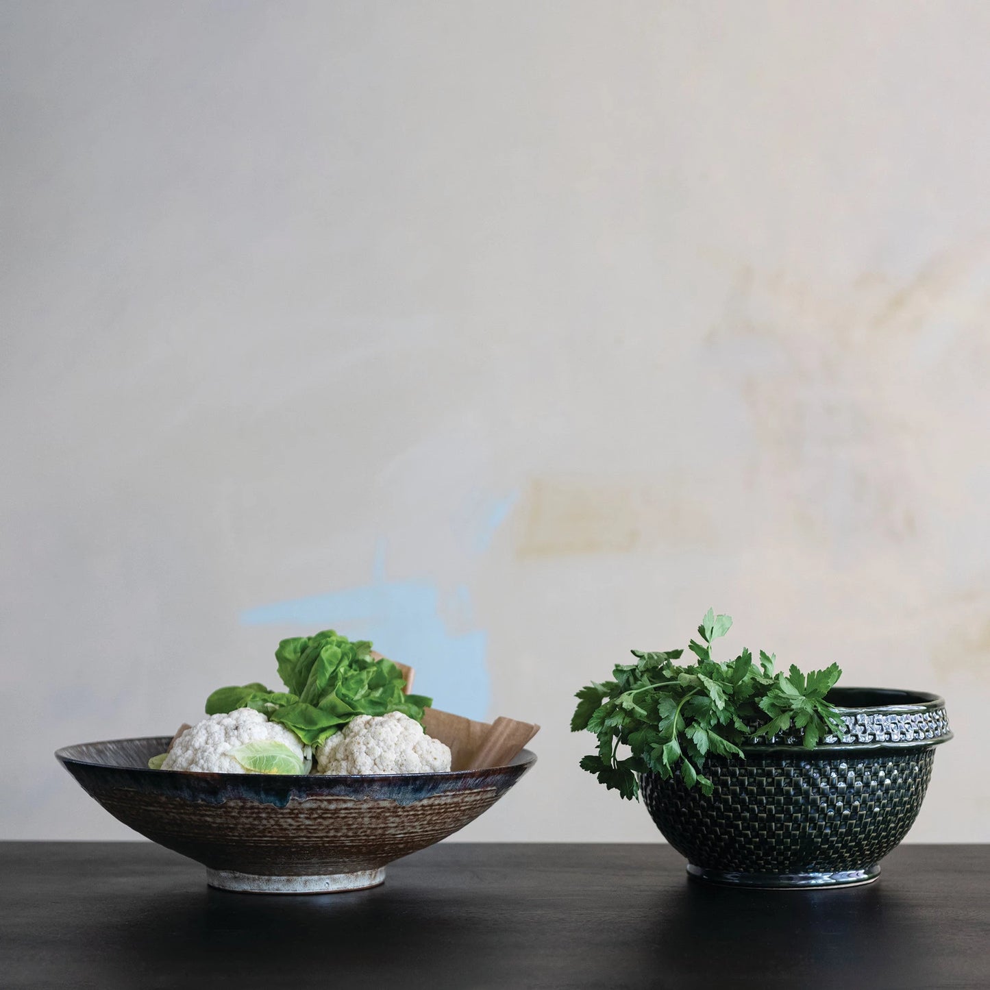 Basket Weave Green Glaze Stoneware Bowl