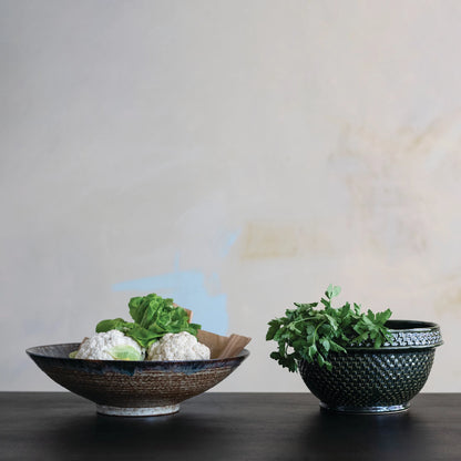 Basket Weave Green Glaze Stoneware Bowl
