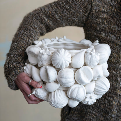 Stoneware Planter with 3D Fruit, Matte White (Holds 6" Pot)
