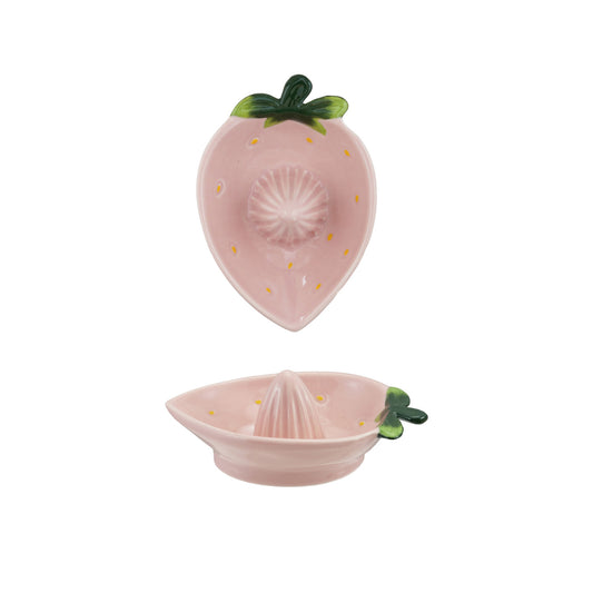 6-1/4"L x 4-1/2"W x 2-1/4"H Hand-Painted Stoneware Strawberry Shaped Juicer, Pink, Green & Yellow