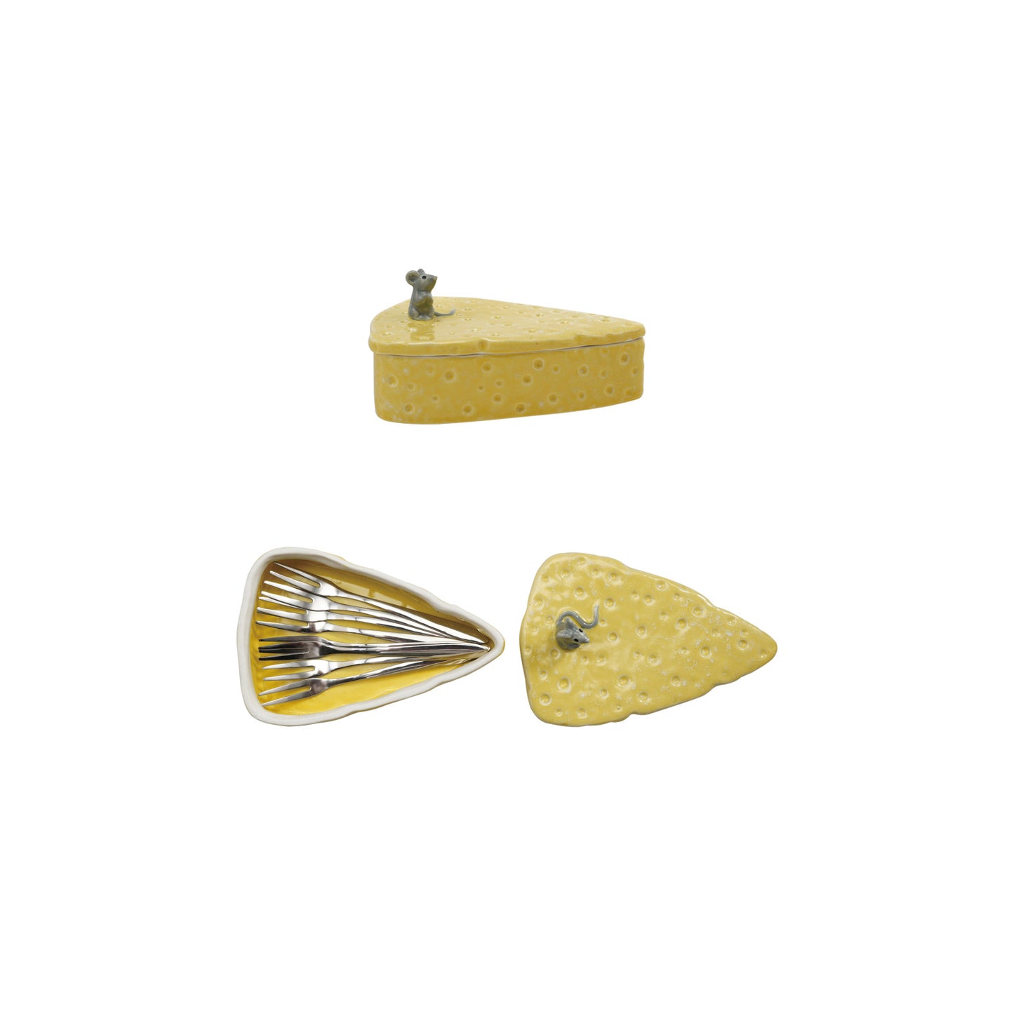 Cheese Shaped Container with Lid & 8 Appetizer Forks, Set of 9 (Each One Will Vary)