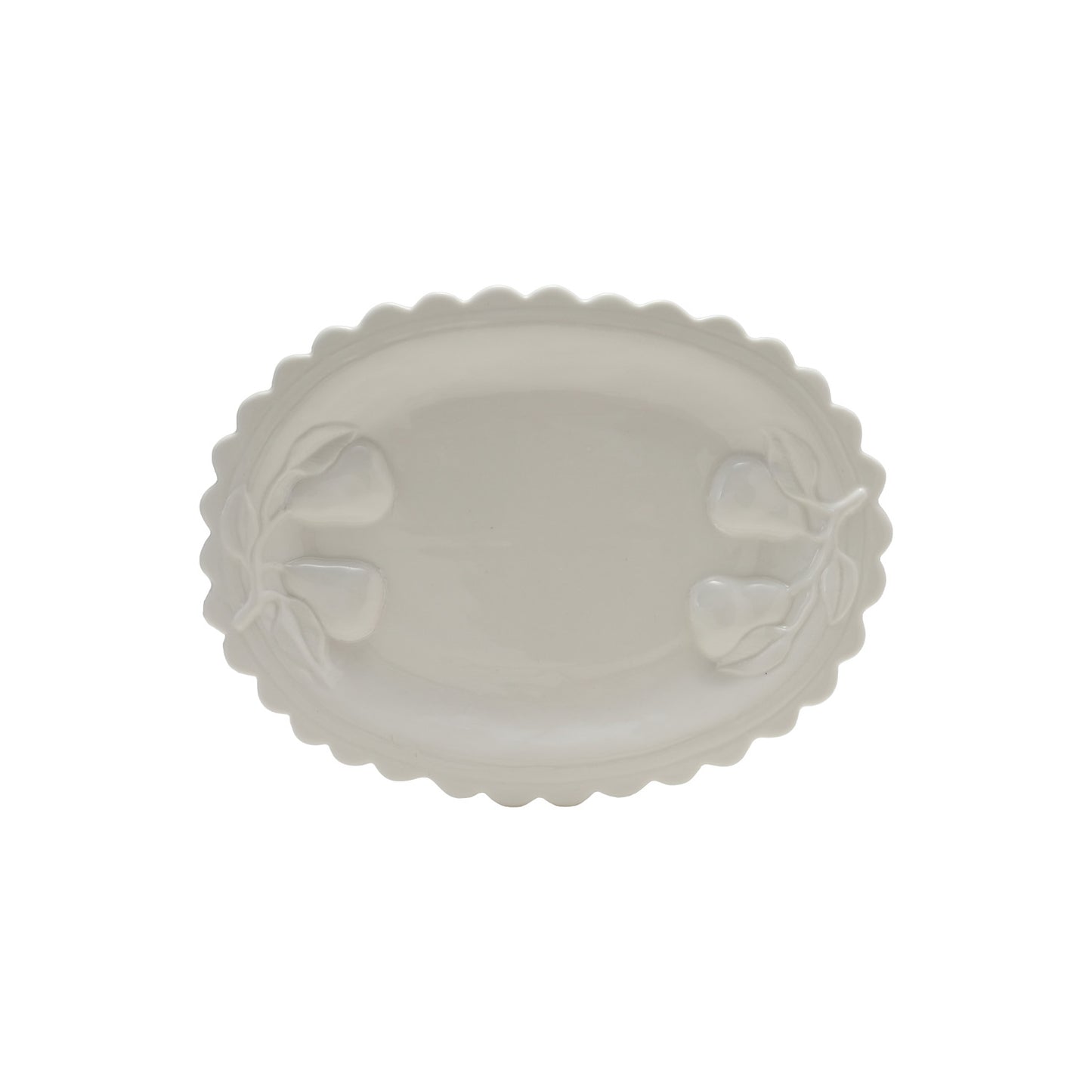 Stoneware Scalloped Platter with Embossed Pears, White (Each One Will Vary)