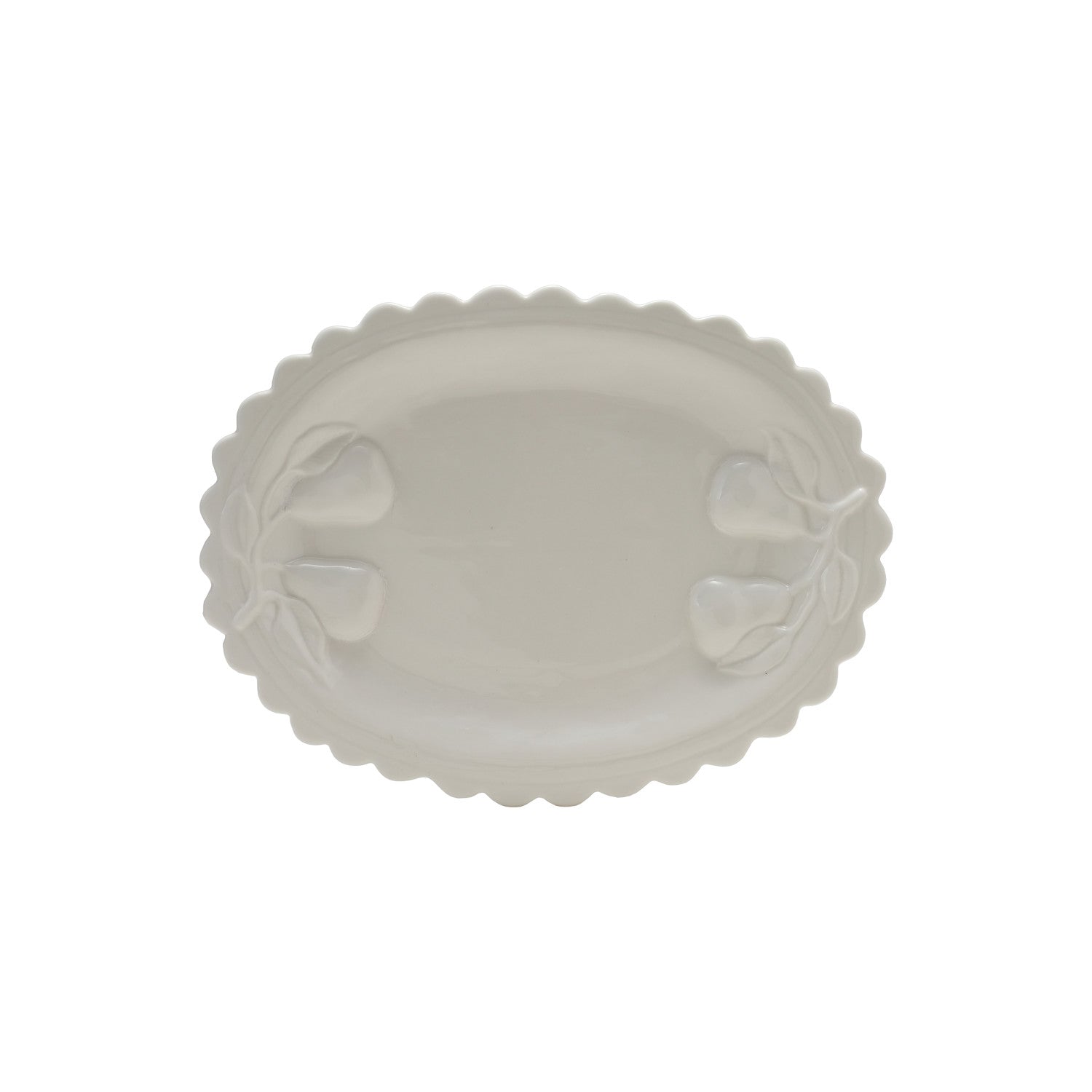 Stoneware Scalloped Platter with Embossed Pears, White (Each One Will Vary)