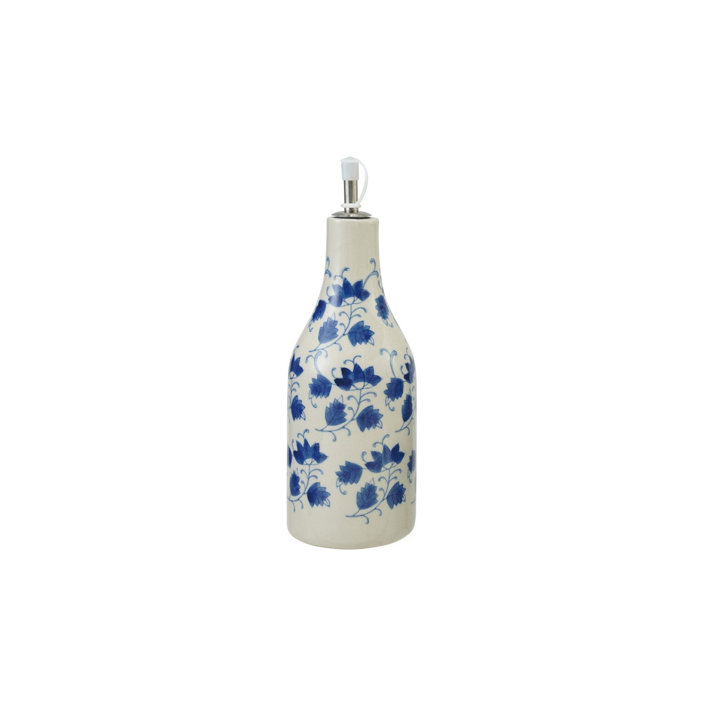 Blue + White Stoneware Oil Cruet with Floral Pattern