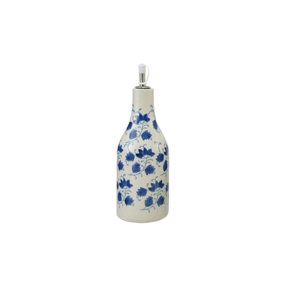 Blue + White Stoneware Oil Cruet with Floral Pattern
