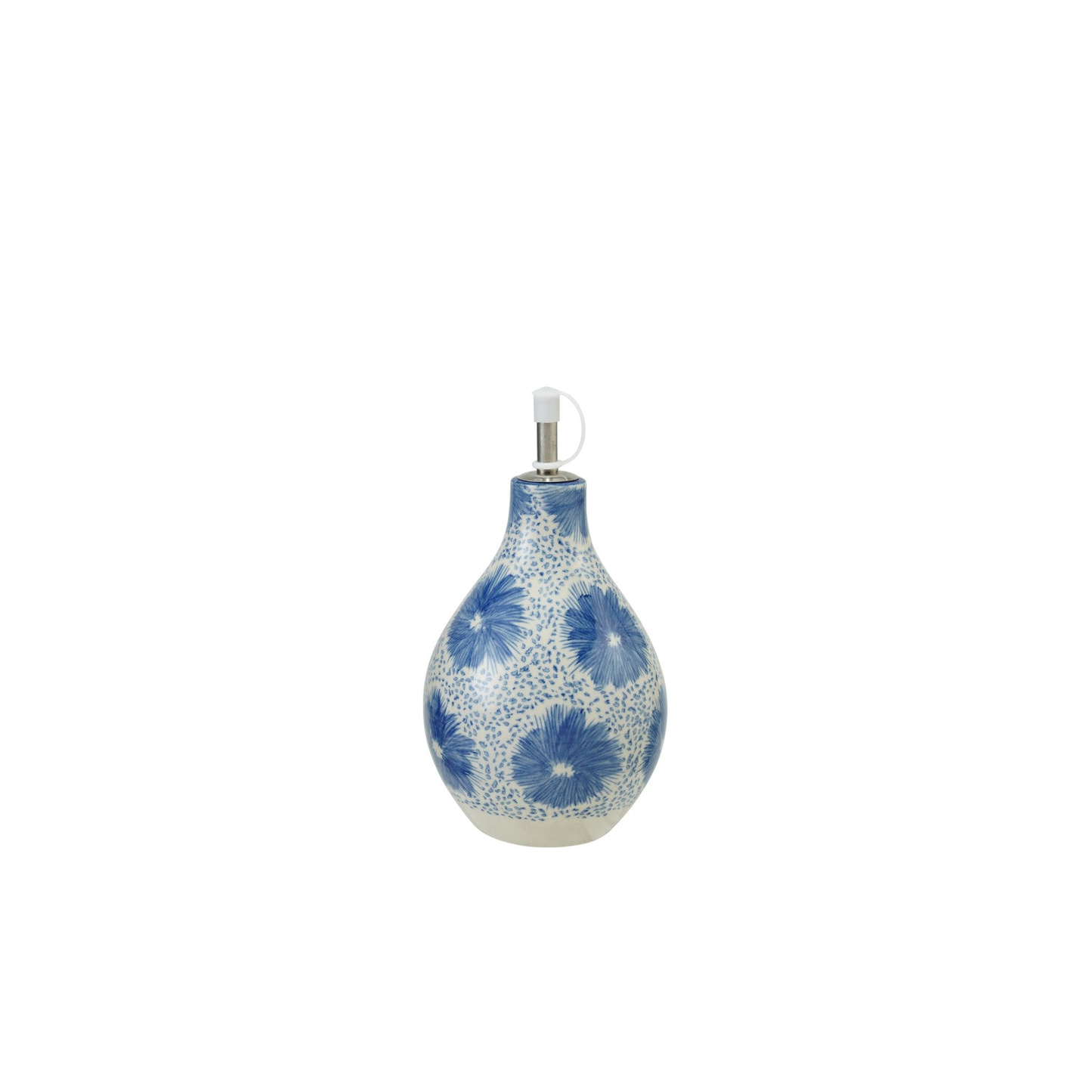Blue + White Stoneware Oil Cruet with Floral Pattern
