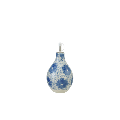 Blue + White Stoneware Oil Cruet with Floral Pattern