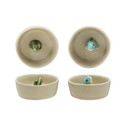 Hand-Painted Stoneware Dish with Frog/Fish Inside, 2 Styles