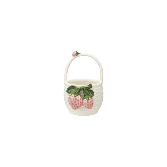 Stoneware Basket Shaped Container with 3D Strawberries & Handle, White, Green & Pink