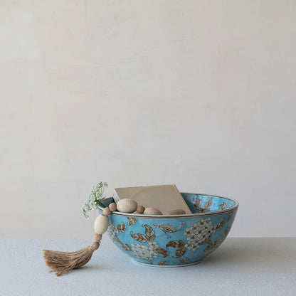 Hand-Painted Stoneware Serving Bowl with Cherry Blossoms, Blue, Brown & White