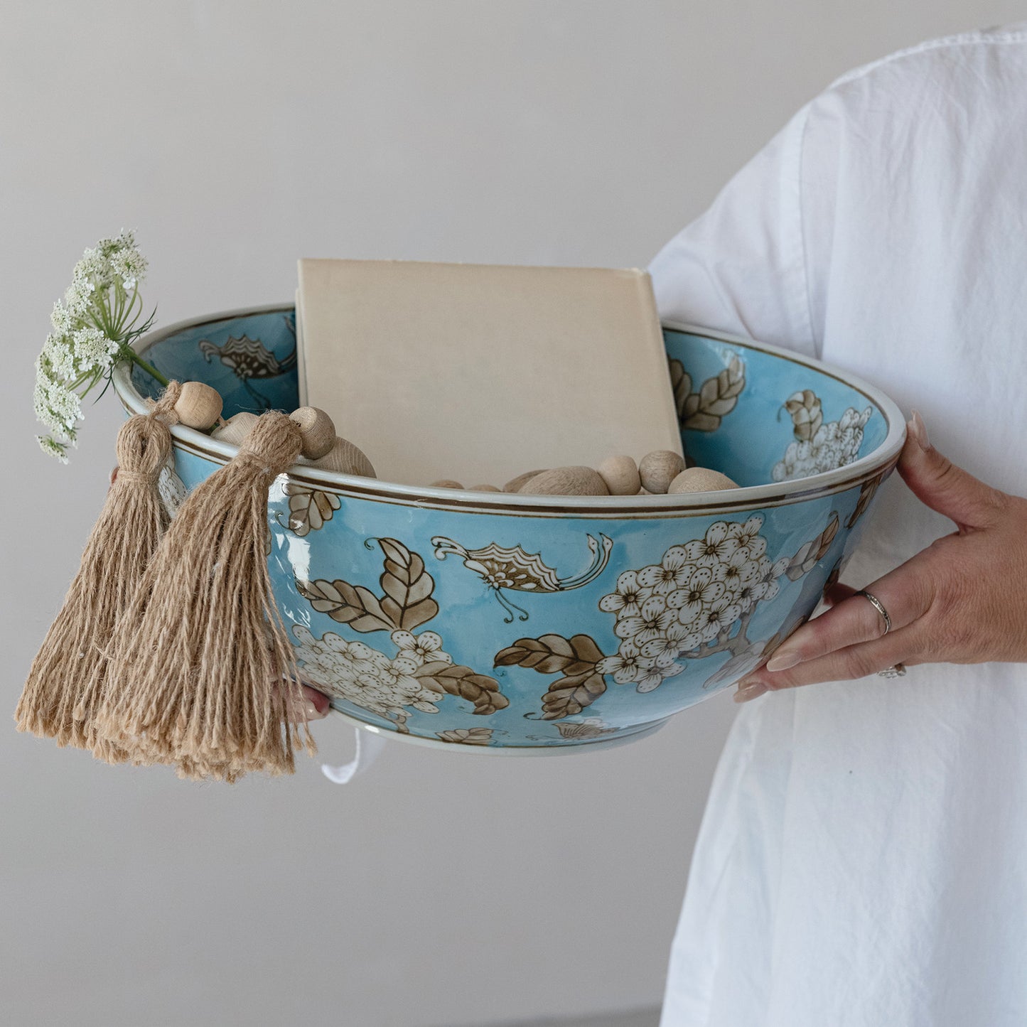 Hand-Painted Stoneware Serving Bowl with Cherry Blossoms, Blue, Brown & White