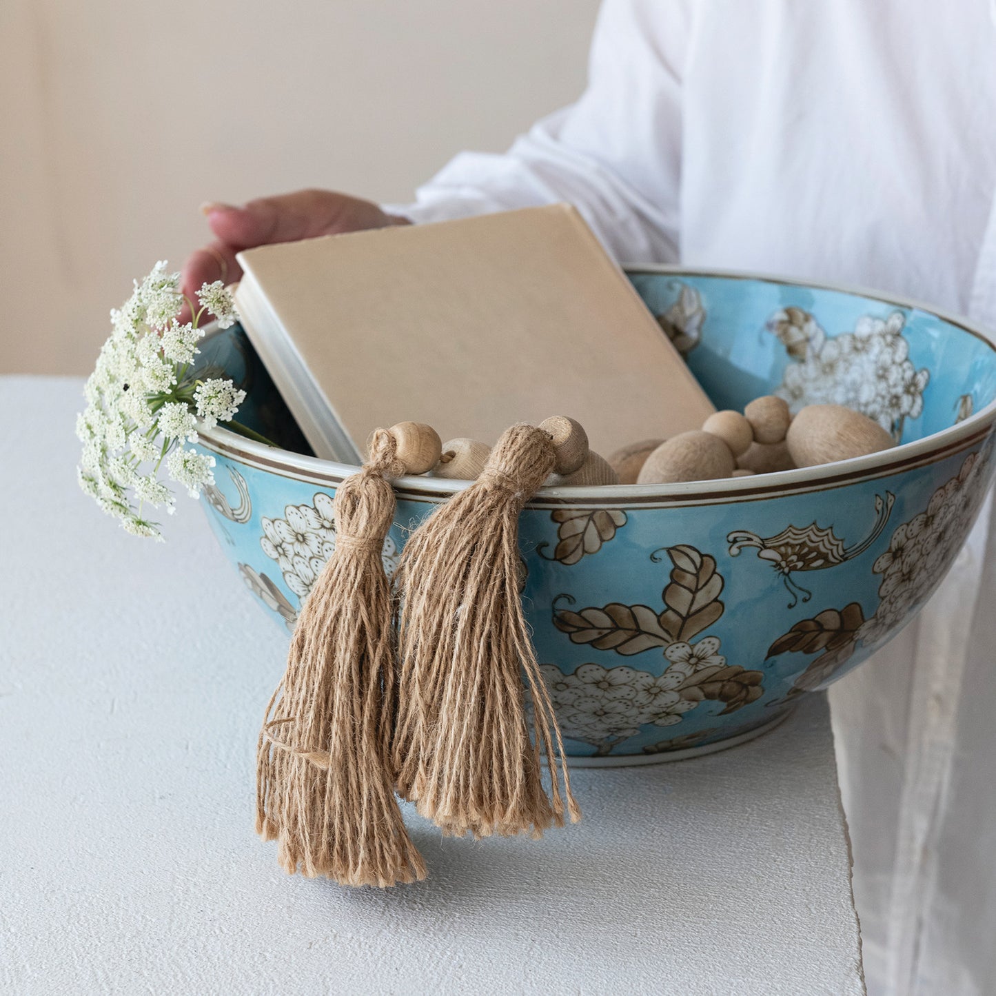 Hand-Painted Stoneware Serving Bowl with Cherry Blossoms, Blue, Brown & White