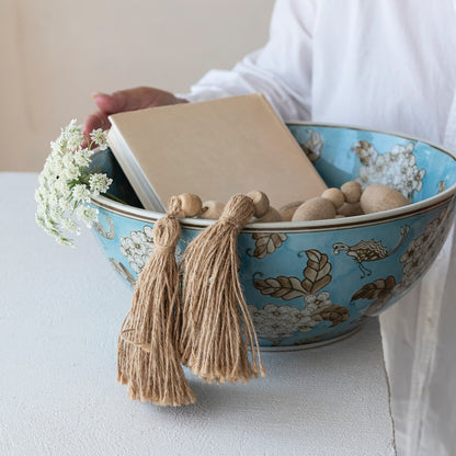 Hand-Painted Stoneware Serving Bowl with Cherry Blossoms, Blue, Brown & White