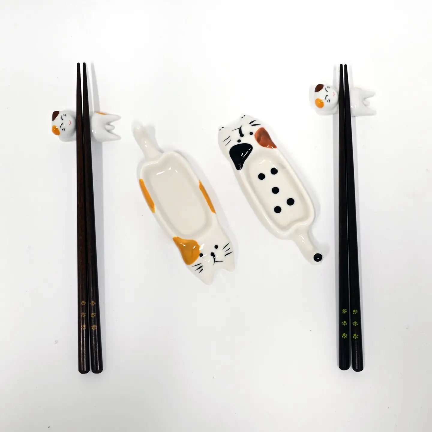 Cat Designed Chopsticks, Sauce Dish, and Rests, Set of 6