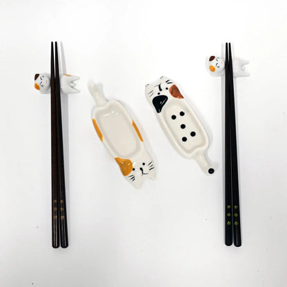 Cat Designed Chopsticks, Sauce Dish, and Rests, Set of 6