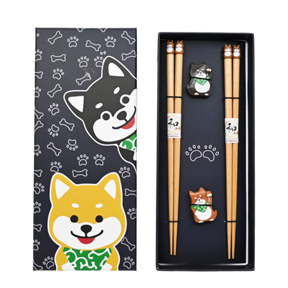 Shiba Inu 2 Pair Wooden Chopsticks and Chopsticks Rests Gift Set